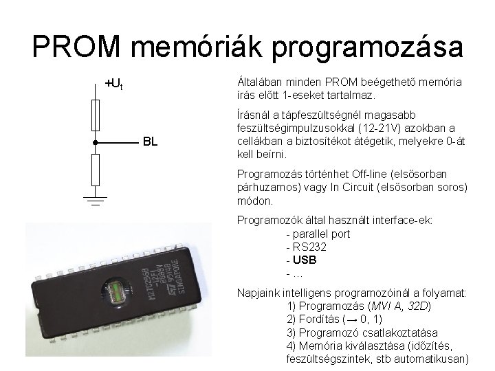 PROM memóriák programozása Általában minden PROM beégethető memória írás előtt 1 -eseket tartalmaz. +Ut