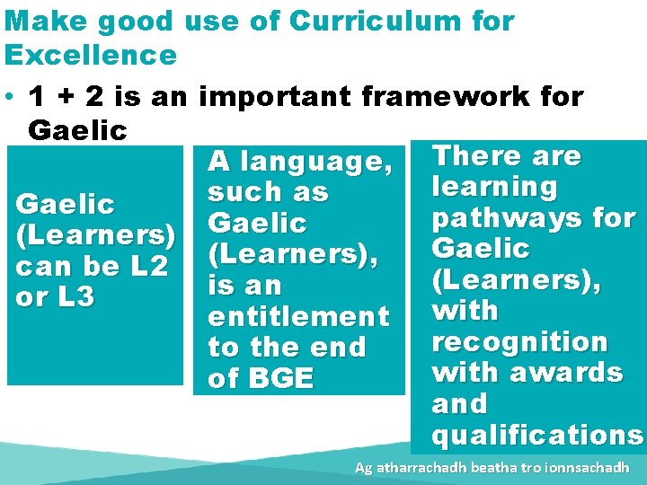 Make good use of Curriculum for Excellence • 1 + 2 is an important