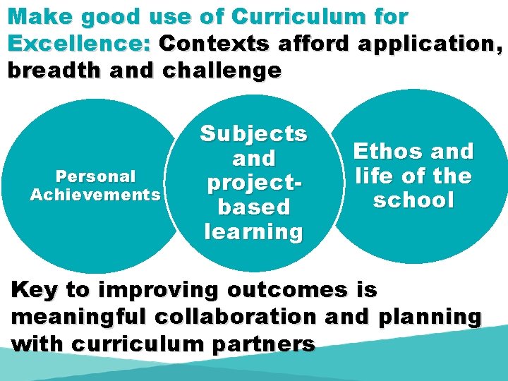 Make good use of Curriculum for Excellence: Contexts afford application, breadth and challenge Personal