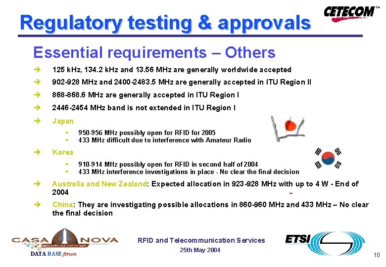 Regulatory testing & approvals Essential requirements – Others è 125 k. Hz, 134. 2 Regulatory testing & approvals Essential requirements – Others è 125 k. Hz, 134. 2