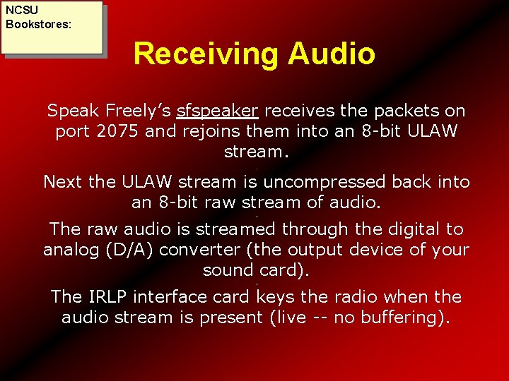 NCSU Bookstores: Receiving Audio Speak Freely’s sfspeaker receives the packets on port 2075 and