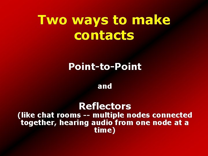 Two ways to make contacts Point-to-Point and Reflectors (like chat rooms -- multiple nodes