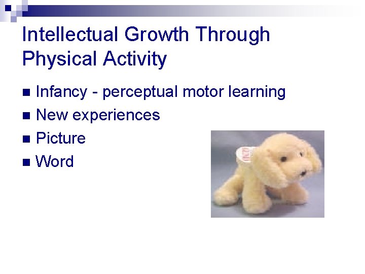Intellectual Growth Through Physical Activity Infancy - perceptual motor learning n New experiences n