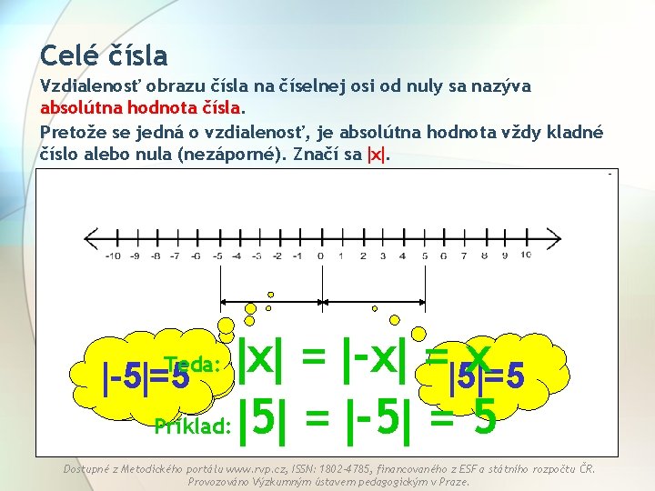 Celé čísla Vzdialenosť obrazu čísla na číselnej osi od nuly sa nazýva absolútna hodnota