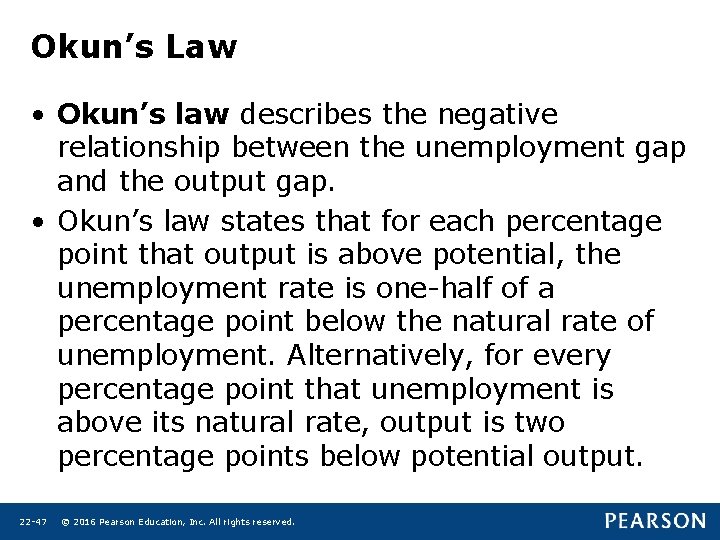 Okun’s Law • Okun’s law describes the negative relationship between the unemployment gap and