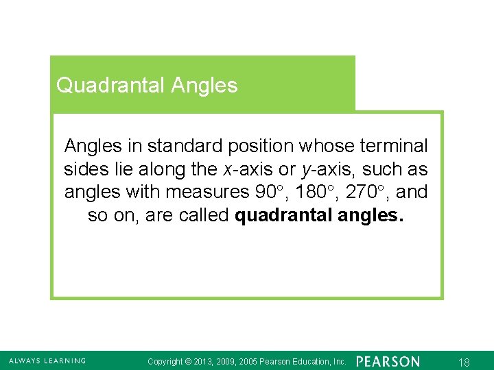 Quadrantal Angles in standard position whose terminal sides lie along the x-axis or y-axis,