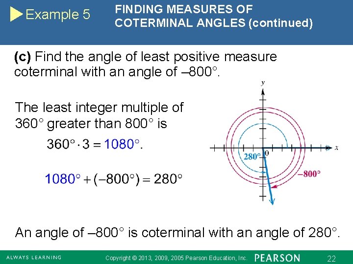 Example 5 FINDING MEASURES OF COTERMINAL ANGLES (continued) (c) Find the angle of least