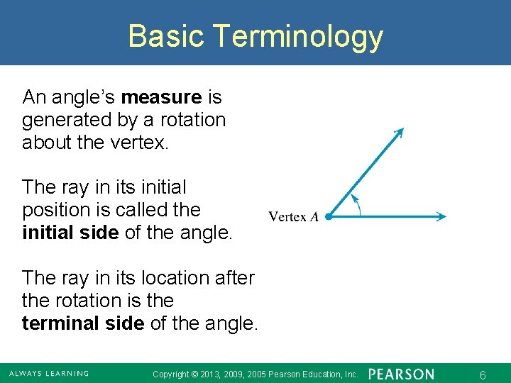 Basic Terminology An angle’s measure is generated by a rotation about the vertex. The