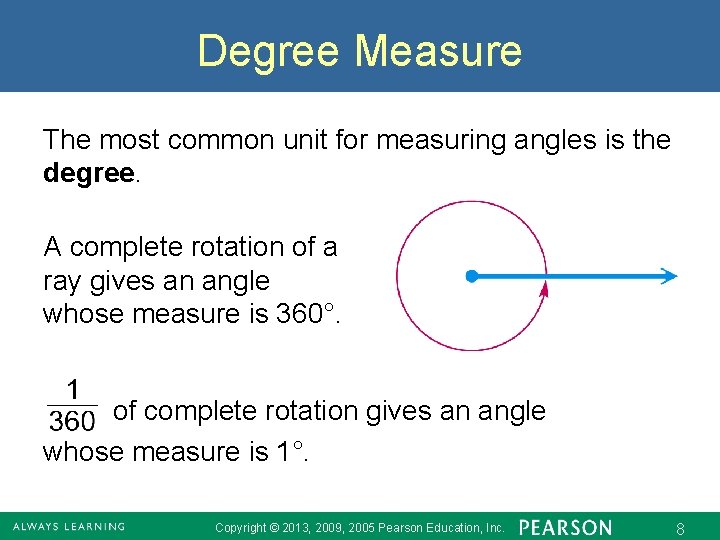 Degree Measure The most common unit for measuring angles is the degree. A complete