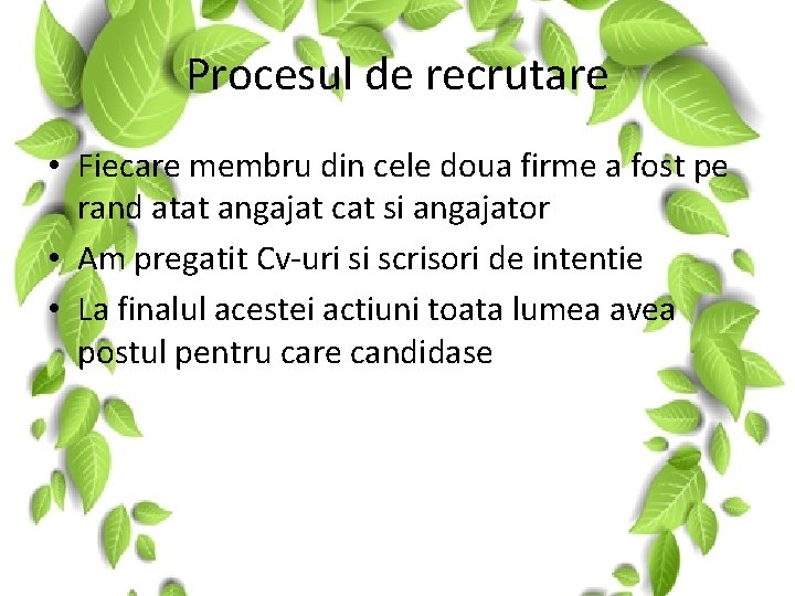 Procesul de recrutare • Fiecare membru din cele doua firme a fost pe rand