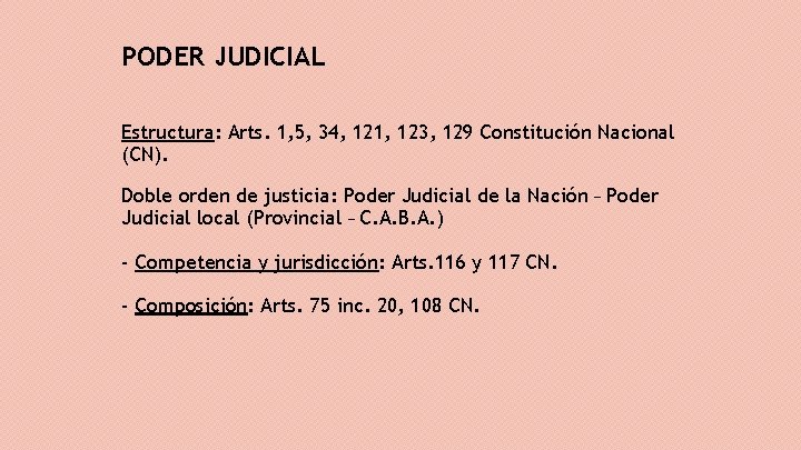 PODER JUDICIAL Estructura: Arts. 1, 5, 34, 121, 123, 129 Constitución Nacional (CN). Doble