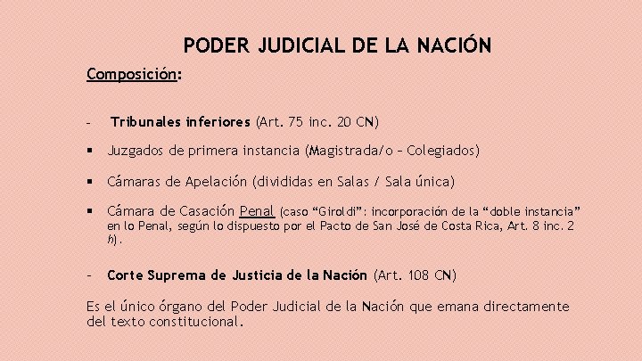 PODER JUDICIAL DE LA NACIÓN Composición: - Tribunales inferiores (Art. 75 inc. 20 CN)