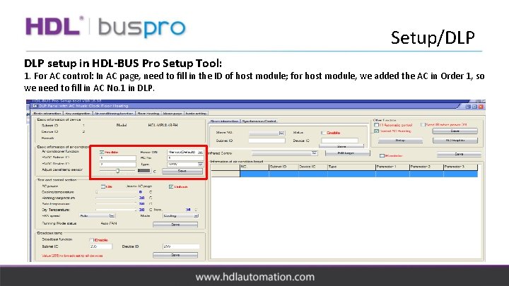 Setup/DLP setup in HDL-BUS Pro Setup Tool: 1. For AC control: In AC page,