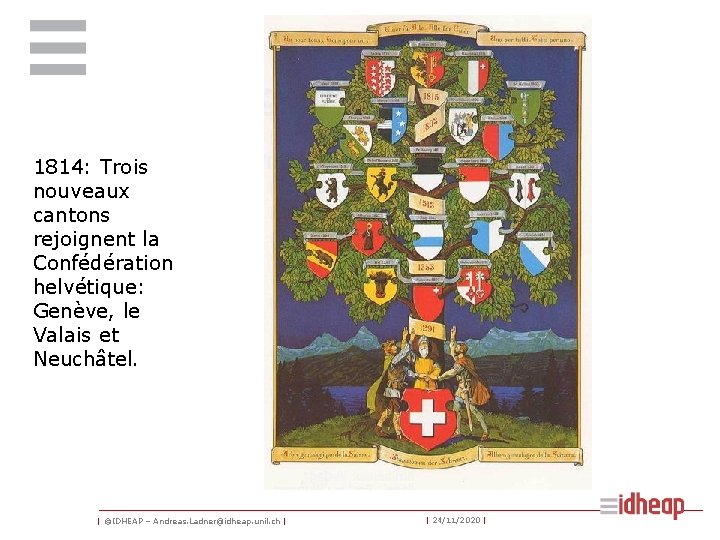 1814: Trois nouveaux cantons rejoignent la Confédération helvétique: Genève, le Valais et Neuchâtel. | 1814: Trois nouveaux cantons rejoignent la Confédération helvétique: Genève, le Valais et Neuchâtel. |