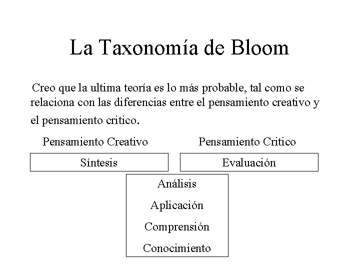 La Taxonomía de Bloom Creo que la ultima teoría es lo más probable, tal La Taxonomía de Bloom Creo que la ultima teoría es lo más probable, tal