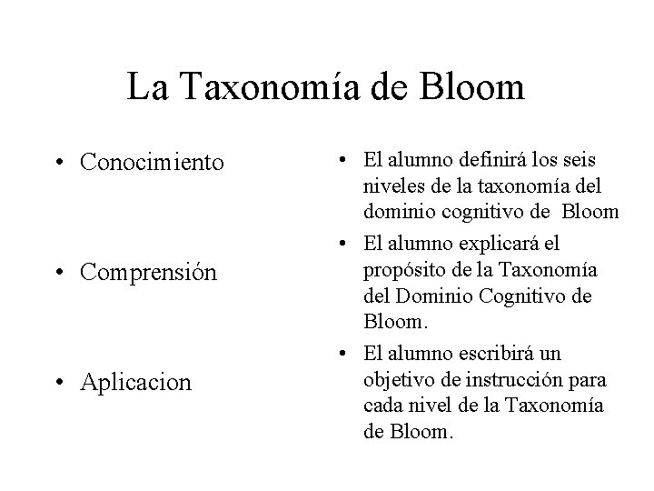 La Taxonomía de Bloom • Conocimiento • Comprensión • Aplicacion • El alumno definirá La Taxonomía de Bloom • Conocimiento • Comprensión • Aplicacion • El alumno definirá