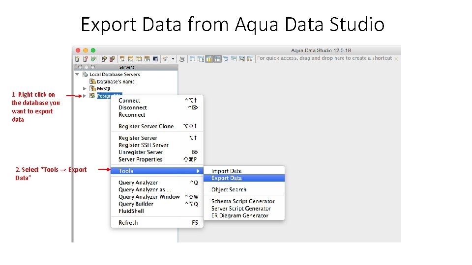 Export Data from Aqua Data Studio 1. Right click on the database you want