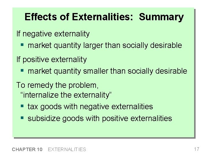 Effects of Externalities: Summary If negative externality § market quantity larger than socially desirable