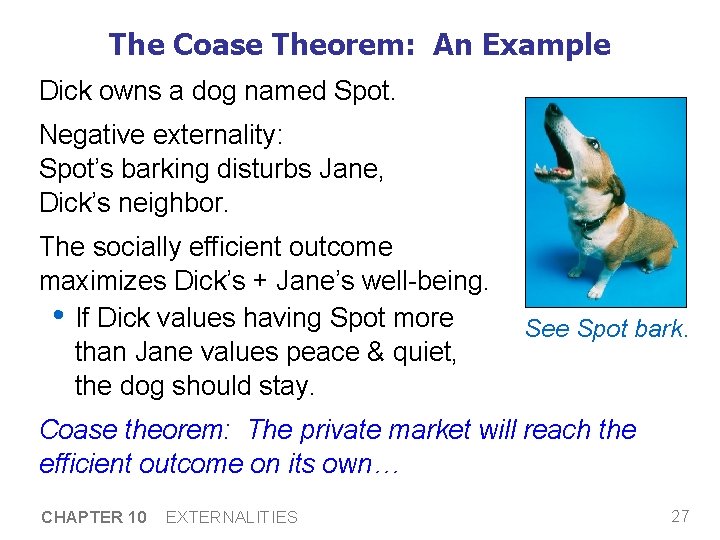 The Coase Theorem: An Example Dick owns a dog named Spot. Negative externality: Spot’s