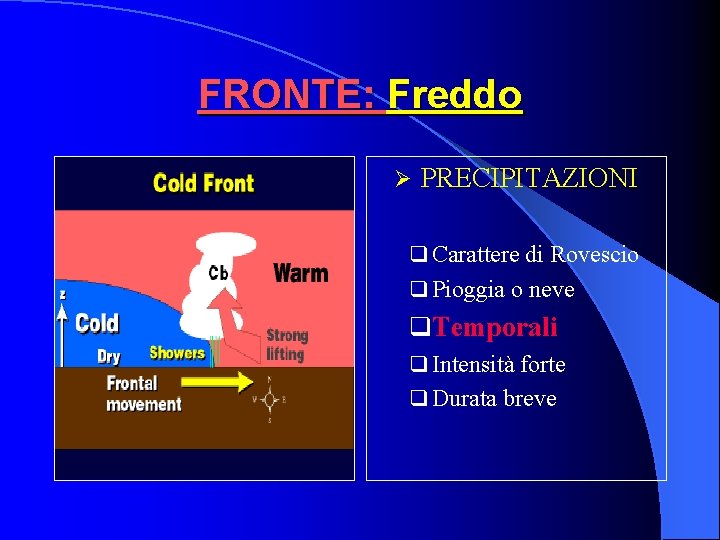 FRONTE: Freddo Ø PRECIPITAZIONI q Carattere di Rovescio q Pioggia o neve q. Temporali FRONTE: Freddo Ø PRECIPITAZIONI q Carattere di Rovescio q Pioggia o neve q. Temporali