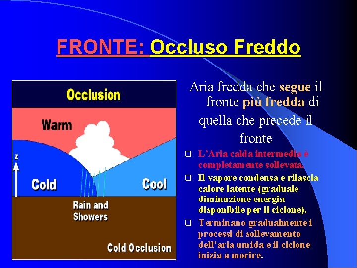 FRONTE: Occluso Freddo Aria fredda che segue il fronte più fredda di quella che FRONTE: Occluso Freddo Aria fredda che segue il fronte più fredda di quella che