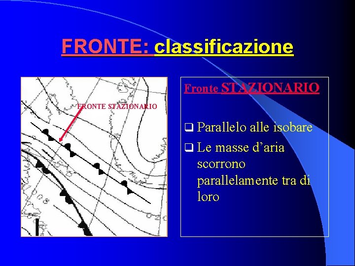 FRONTE: classificazione Fronte STAZIONARIO FRONTE STAZIONARIO q Parallelo alle isobare q Le masse d’aria FRONTE: classificazione Fronte STAZIONARIO FRONTE STAZIONARIO q Parallelo alle isobare q Le masse d’aria