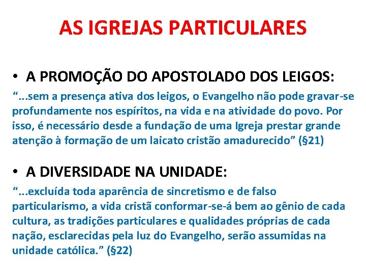 AS IGREJAS PARTICULARES • A PROMOÇÃO DO APOSTOLADO DOS LEIGOS: “. . . sem