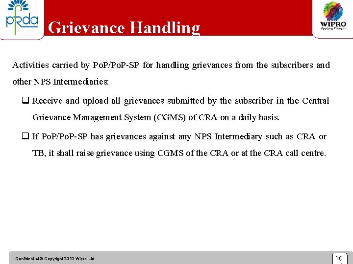 Grievance Handling Activities carried by Po. P/Po. P-SP for handling grievances from the subscribers