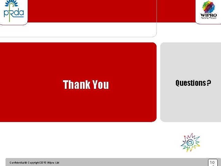 Thank You Confidential © Copyright 2010 Wipro Ltd Questions ? 10 
