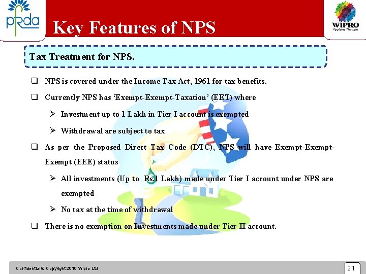 Key Features of NPS Tax Treatment for NPS. q NPS is covered under the