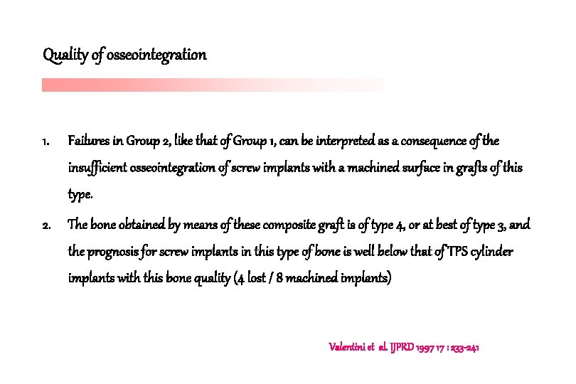 Quality of osseointegration 1. Failures in Group 2, like that of Group 1, can