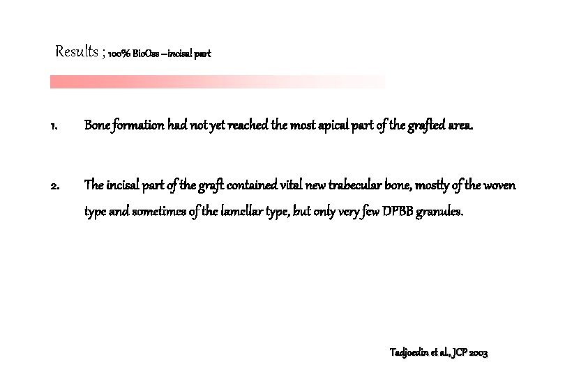 Results ; 100% Bio. Oss –incisal part 1. Bone formation had not yet reached