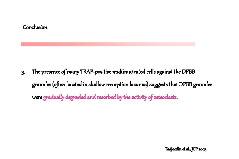 Conclusion 3. The presence of many TRAP-positive multinucleated cells against the DPBB granules (often