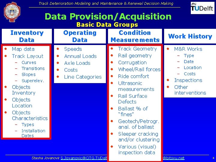 Track Deterioration Modeling and Maintenance & Renewal Decision Making Data Provision/Acquisition Inventory Data • Track Deterioration Modeling and Maintenance & Renewal Decision Making Data Provision/Acquisition Inventory Data •