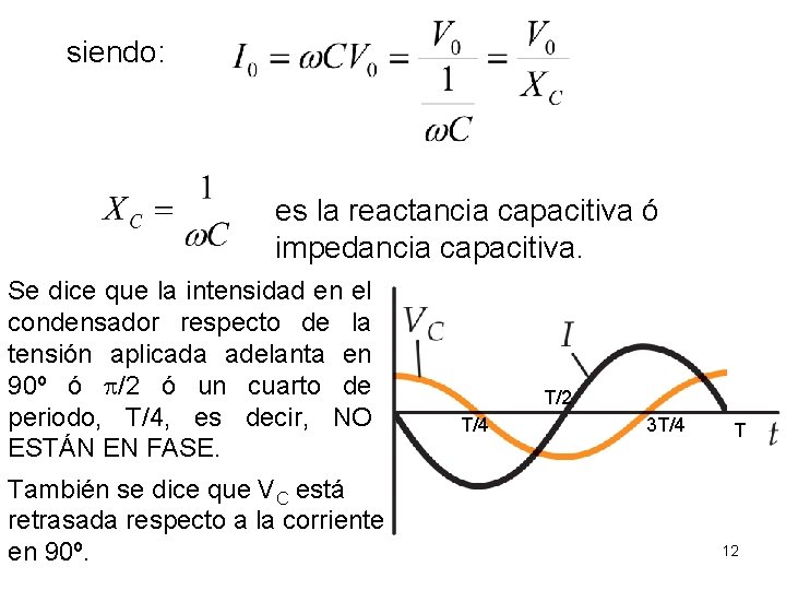 siendo: es la reactancia capacitiva ó impedancia capacitiva. Se dice que la intensidad en