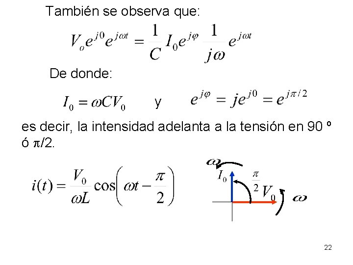 También se observa que: De donde: y es decir, la intensidad adelanta a la