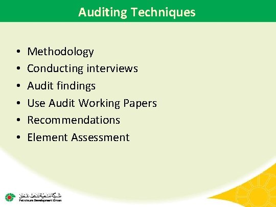 Auditing Techniques • • • Methodology Conducting interviews Audit findings Use Audit Working Papers