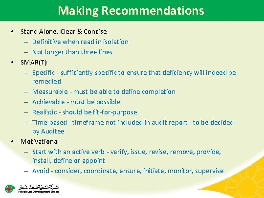 Making Recommendations • Stand Alone, Clear & Concise – Definitive when read in isolation