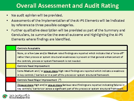 Overall Assessment and Audit Rating • No audit opinion will be provided. • Assessments
