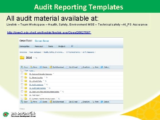 Audit Reporting Templates All audit material available at: Livelink – Team Workspace – Health,