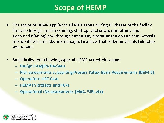 Scope of HEMP • The scope of HEMP applies to all PDO assets during
