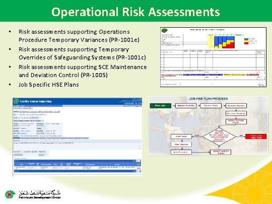 Operational Risk Assessments • • Risk assessments supporting Operations Procedure Temporary Variances (PR-1001 e)