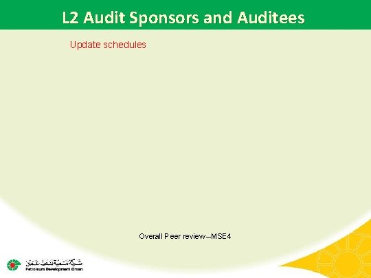 L 2 Audit Sponsors and Auditees Update schedules Overall Peer review –MSE 4 