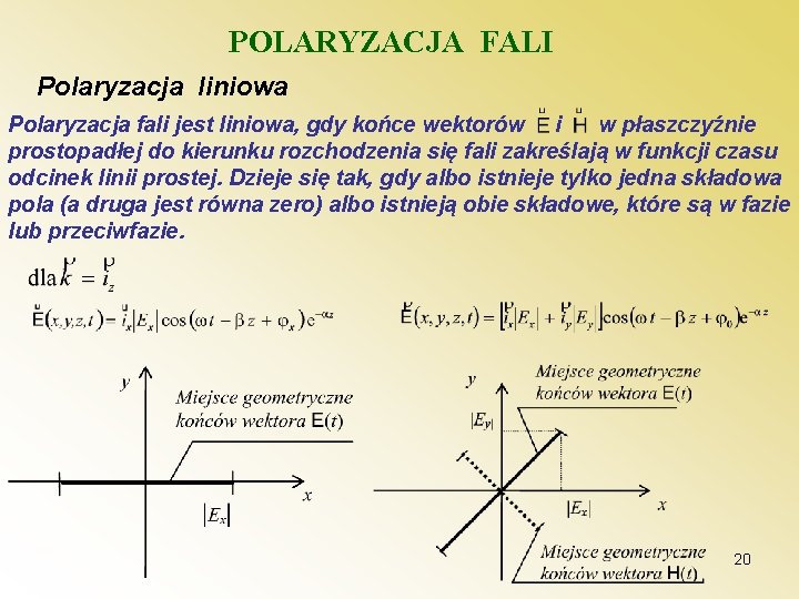 POLARYZACJA FALI Polaryzacja liniowa Polaryzacja fali jest liniowa, gdy końce wektorów i w płaszczyźnie