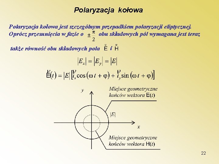 Polaryzacja kołowa jest szczególnym przepadkiem polaryzacji eliptycznej. Oprócz przesunięcia w fazie o obu składowych