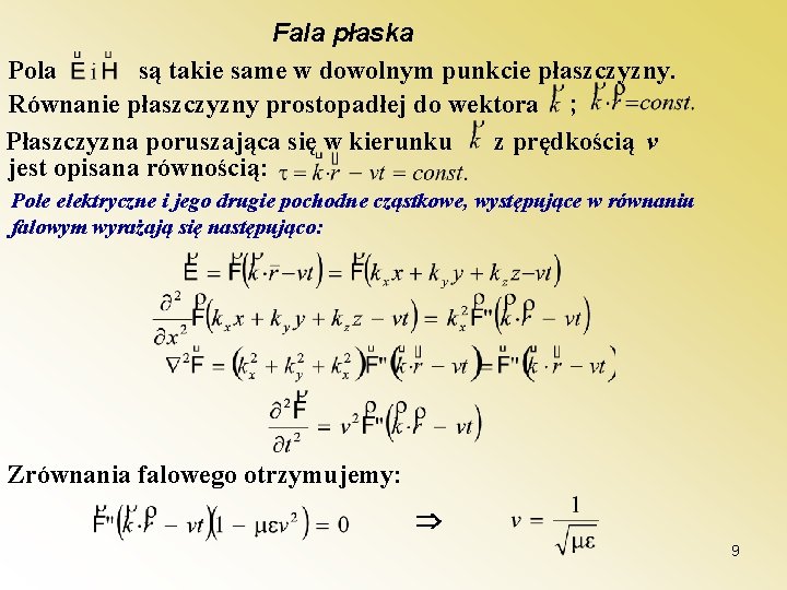 Fala płaska są takie same w dowolnym punkcie płaszczyzny. Pola Równanie płaszczyzny prostopadłej do