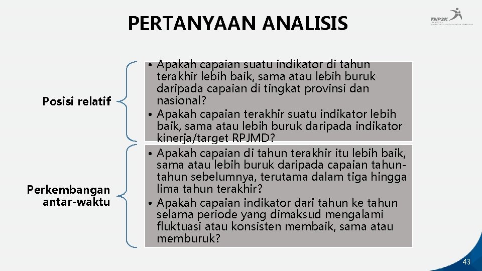 PERTANYAAN ANALISIS Posisi relatif Perkembangan antar-waktu • Apakah capaian suatu indikator di tahun terakhir