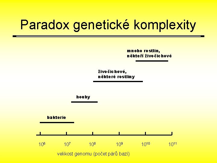 Paradox genetické komplexity mnoho rostlin, někteří živočichové, některé rostliny houby bakterie 106 107 108