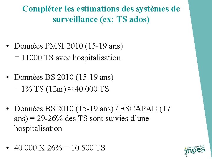 Compléter les estimations des systèmes de surveillance (ex: TS ados) • Données PMSI 2010
