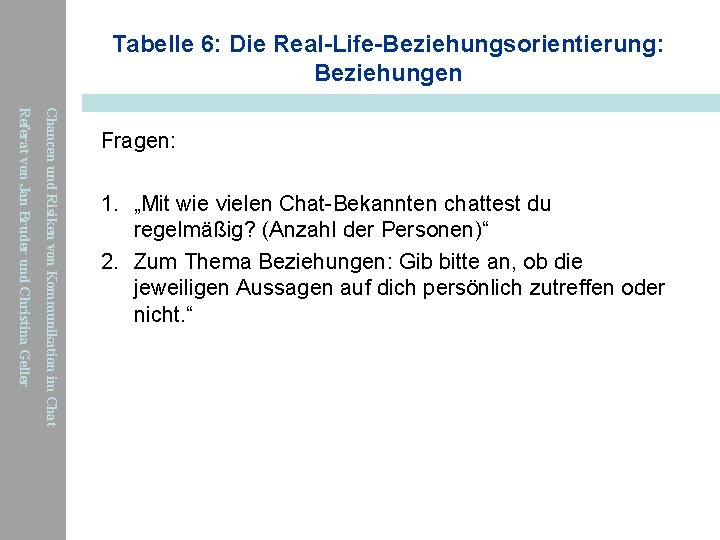 Tabelle 6: Die Real-Life-Beziehungsorientierung: Beziehungen Chancen und Risiken von Kommunikation im Chat Referat von